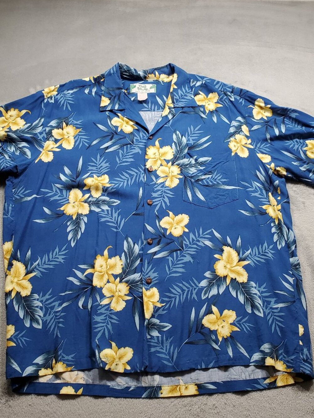 Vtg Two Palms Made in Hawaii Short Sleeve Tropical Flower Shirt Blue Men Sz XL
